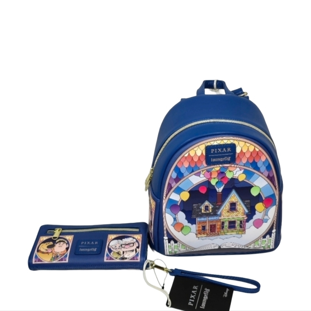 Loungefly Pixar Up Stained Glass Mini Backpack & Wallet Set NWT